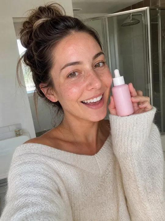 AI creator holding a pink serum bottle