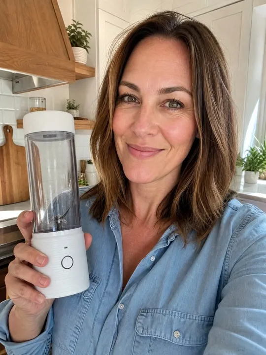 AI creator holding a portable blender